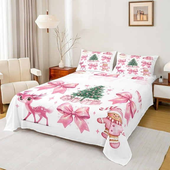 Castle Fairy 3-Piece Twin Sheet Set - Pink Bow Gingerbread Deer