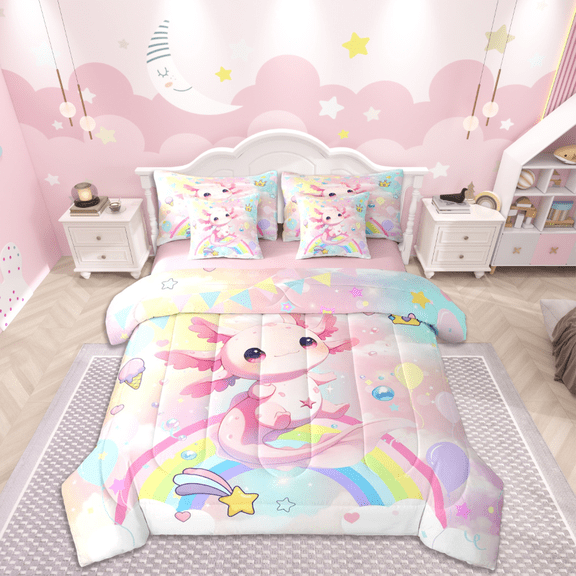 Castle Fairy Children Rainbow Axolotl 7-Piece Twin Bedding Sets,Cartoon Gradient Bedding Comforter Set,Cute Animal Breathable Sheet Sets,Lightweight Room Decor