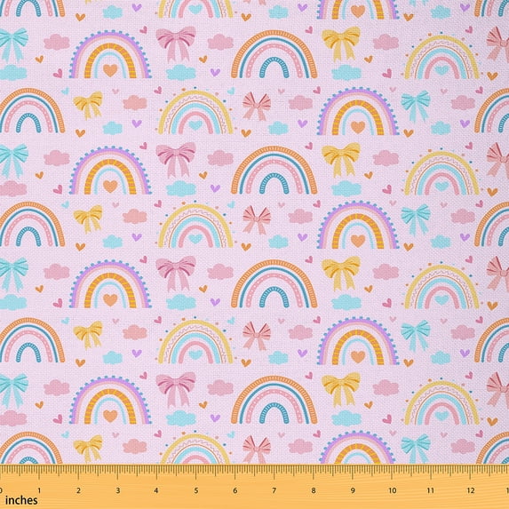 Castle Fairy Children Rainbow Bowknot Fabric by the Yard 1 Yard,Dreamy Princess Home Decor Fabric by the Yard,Love Heart Print Room Decor Fabric by the Yard,Luxury Bedroom Decor