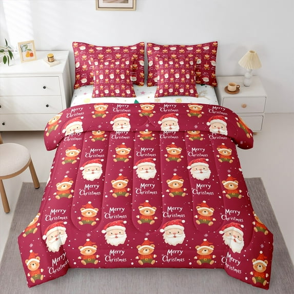 Castle Fairy Children Santa Claus 7-Piece Twin Bedding Sets,Cartoon Bear Bedding Comforter Set,Merry Christmas Breathable Sheet Sets,Lightweight Room Decor