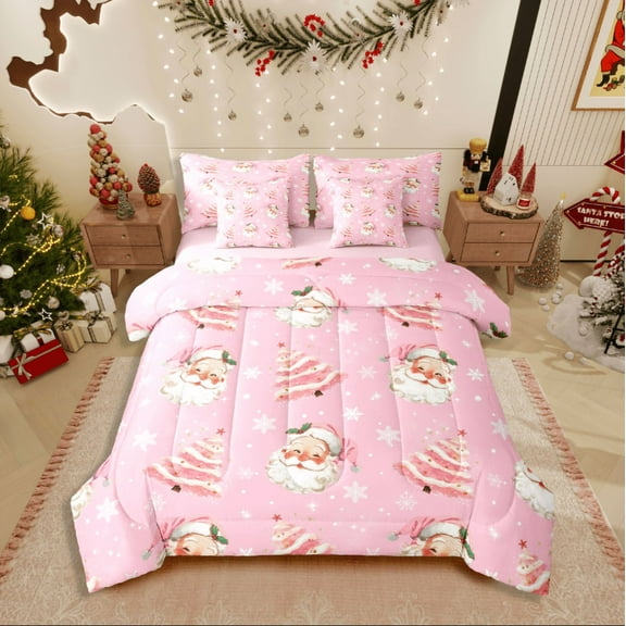 Castle Fairy Children Santa Claus 7-Piece Twin Bedding Sets,Christmas Tree Bedding Comforter Set,Happy New Year Breathable Sheet Sets,Breathable Home Decor