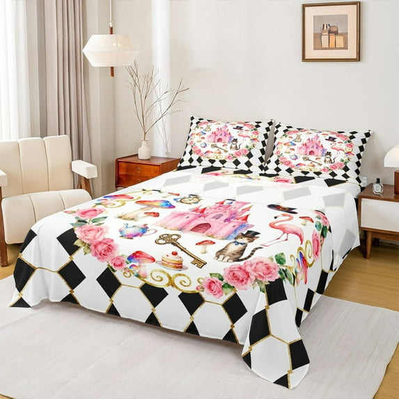 Castle Fairy Children Teenagers Adults Kawaii Pink Princess Castle 4pcs Bed Sheets,Rose Flower Gradient Mushroom King Sheets,Magical Magician'S Hat Playing Cards Super Cozy Sheet Set