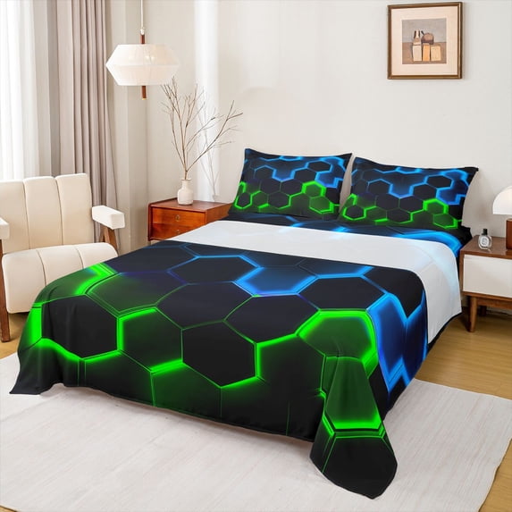 Castle Fairy Children Teens Adults Abstract Gradient Honeycomb 4pcs Bed Sheets,Geometric Ombre Hexagon King Sheets,Neon Lights Super Cozy Sheet Set,Luxury Bedroom Decor