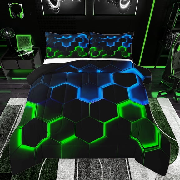 Castle Fairy Children Teens Adults Abstract Gradient Honeycomb Bedding Comforter Set 2pcs,Geometric Ombre Hexagon Twin Comforter Sets Microfiber,Neon Lights Breathable Bedding Set