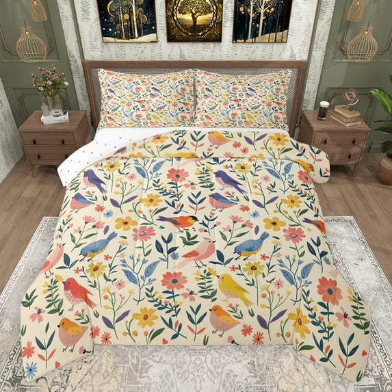 Castle Fairy Children Teens Adults Chic Floral Flowers Bedding Comforter Set 2pcs,Kawaii Colorful Birds Twin Comforter Sets Microfiber,Retro Vintage Aesthetic Breathable Bedding Set