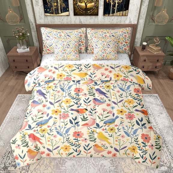 Castle Fairy Children Teens Adults Chic Floral Flowers Bedding Comforter Set 7 Pieces,Kawaii Colorful Birds Full Bedding Set Lightweight,Retro Vintage Aesthetic Fitted Sheet Flat Sheet