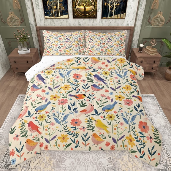 Castle Fairy Children Teens Adults Chic Floral Flowers Full Size Comforter Sets 3-Piece,Kawaii Colorful Birds Bedding Comforter Set,Retro Vintage Aesthetic Lightweight Bedding Sets