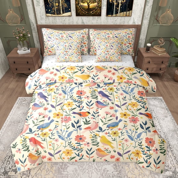 Castle Fairy Children Teens Adults Chic Floral Flowers Twin Bedding Sets 7-Piece,Kawaii Colorful Birds Bedding Comforter Set Microfiber,Retro Vintage Aesthetic Breathable Sheet Sets
