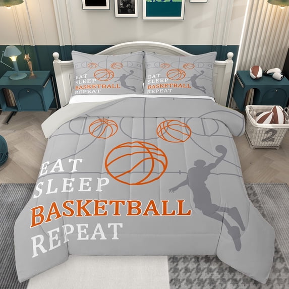 Castle Fairy 3-Piece Children Teens Adults Eat Sleep Basketball Grey Orange Full Size Comforter Sets, Ultra Soft Home Decor, Reversible