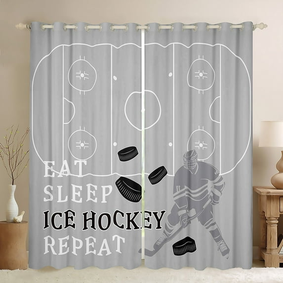 Castle Fairy Children Teens Adults Eat Sleep Ice Hockey Blackout Curtains Set of 2 (52x84 Each),Black Grey Window Curtains,Sport Gamer Curtains and Drapes,Ultra Soft Home Decor