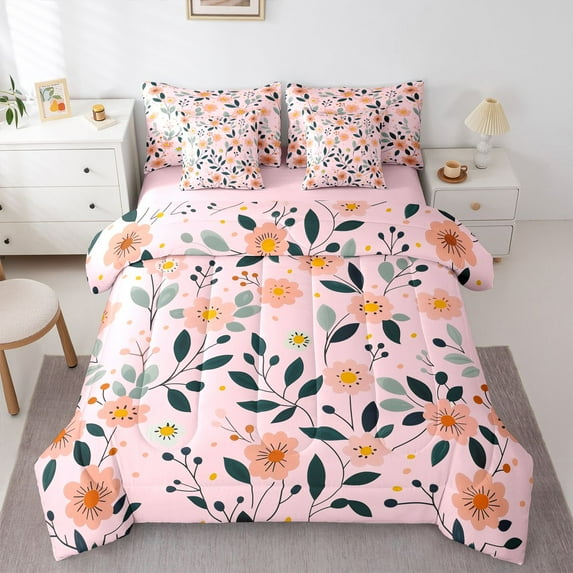 Castle Fairy Children Teens Adults Pink Flowers Bedding Comforter Set 7 Pieces,Chic Floral Blossoms Full Bedding Set Lightweight,Spring Garden Fitted Sheet Flat Sheet,Super Cozy Room Decor