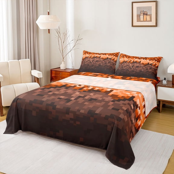 Castle Fairy Children Teens Adults Pixelated Miners Game Full Size Sheets 4-Piece,Abstract Plaid Camouflage Breathable Bed Sheets,Brown Orange Grid Patchwork Lightweight Sheet Sets