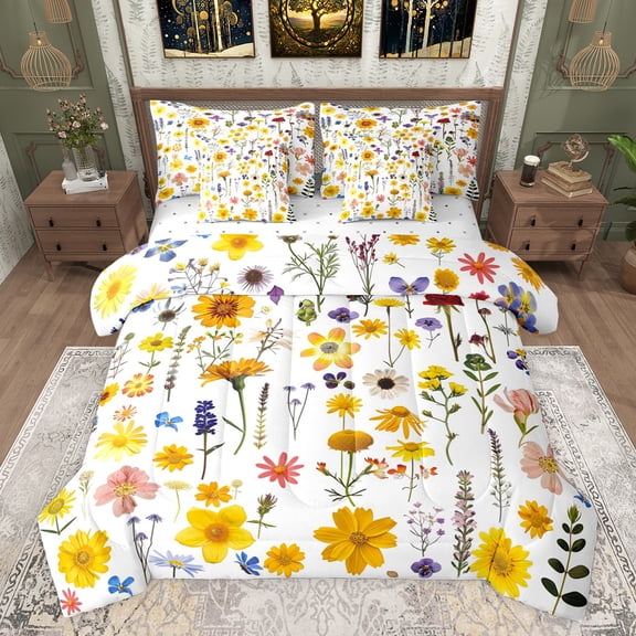 Castle Fairy Children Teens Adults Spring Garden Flowers Bedding Comforter Set 7-Piece,Retro Vintage Aesthetic King Bedding Sets,Chic Floral Daisy Blossoms Ultra Soft Bed Sheets
