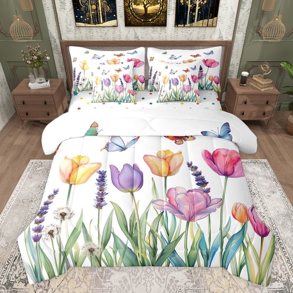 Castle Fairy Children Teens Adults Tulip Flowers Butterfly Bedding Comforter Set 7pcs,Chic Floral Blossoms Queen Bedding Sets Super Cozy,Spring Garden Queen Sheet Sets,Super Cozy Room Decor