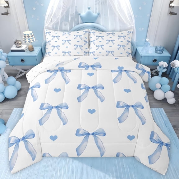 Castle Fairy Children Teens Blue Bow Knot Twin Comforter Sets,Love Heart Print Bedding Set