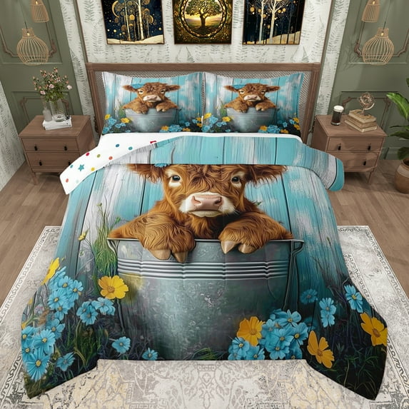 Castle Fairy Children Teens Boys Girls Farm Animal Cattle 3 Pieces Queen Comforter Set,Floral Daisy Farmhouse Cow Ultra Soft Bedding Sets,Western Vintage Aesthetic Bedding Comforter Set Breathable
