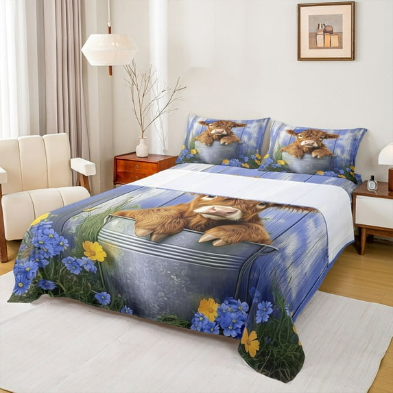 Castle Fairy Children Teens Boys Girls Farm Animal Cattle 4 Pieces Queen Sheet Sets,Floral Farmhouse Cow Ultra Soft Flat Sheet,Western Vintage Aesthetic Queen Fitted Sheet,Luxury Bedroom Decor