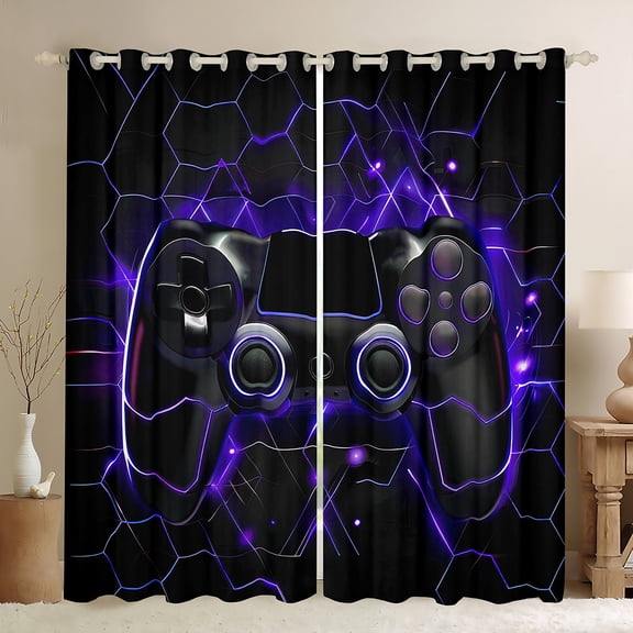 Castle Fairy Children Teens Boys Girls Game Controller Gamepads Blackout Curtains Set of 2 (52x84 Each),Video Game Gamer Window Curtains,Neon Lights Honeycomb Hexagon Curtains and Drapes Room Decor