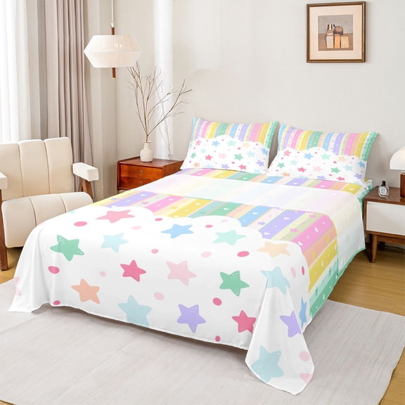 Castle Fairy Children Teens Colorful Stars Print 4pcs Bed Sheets,Geometric Stripes Lines King Sheets,Kawaii Polka Dots Super Cozy Sheet Set,Microfiber Bedroom Decor