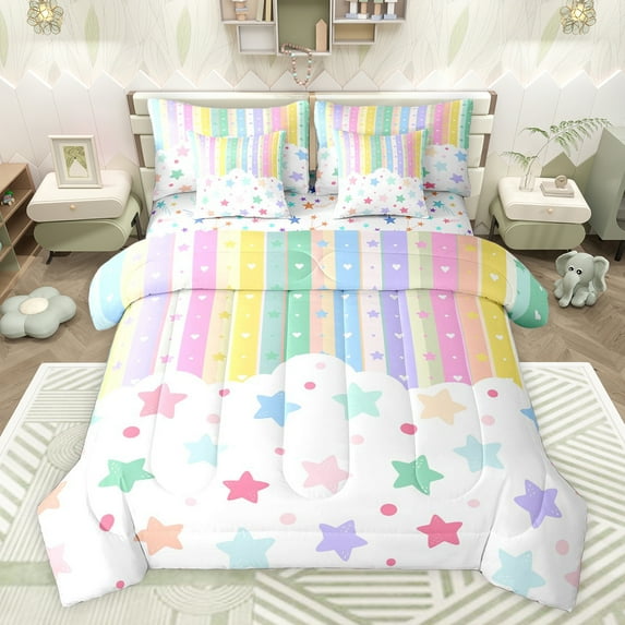 Castle Fairy Children Teens Colorful Stars Print Bedding Comforter Set 7-Piece,Geometric Stripes Lines King Bedding Sets,Kawaii Polka Dots Ultra Soft Bed Sheets,Microfiber Bedroom Decor,Reversible