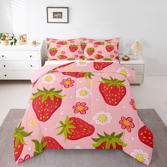 Castle Fairy Children Teens Flower Strawberry 3-Piece Full Size Comforter Sets,Polka Dots Bedding Comforter Set,Cartoon Fruit Lightweight Bedding Sets,Luxury Bedroom Decor