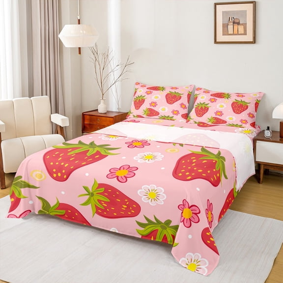 Castle Fairy Children Teens Flower Strawberry 4Pcs Bed Sheets,Polka Dots King Sheets,Cartoon Fruit Super Cozy Sheet Set,Luxury Bedroom Decor