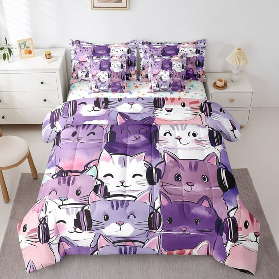 Castle Fairy Children Teens Kawaii Cats Bedding Comforter Set,Cute Pet Full Bedding Set