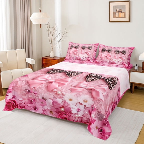 Castle Fairy Children Teens Leopard Print Bow Knot Twin Sheet Sets,Dreamy Bowtie Bedding