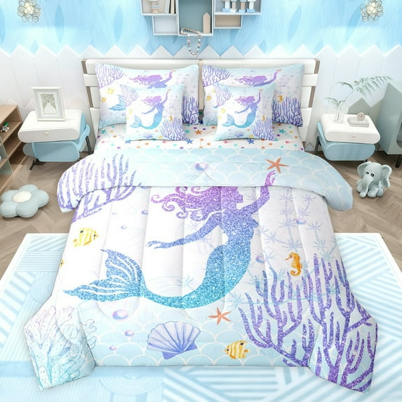 Castle Fairy Children Teens Marine Mermaid Princess Bedding Comforter Set 7-Piece,Bling Gradient Glitter King Bedding Sets,Sea Underwater World Ultra Soft Bed Sheets,Ultra Soft Home Decor,Reversible