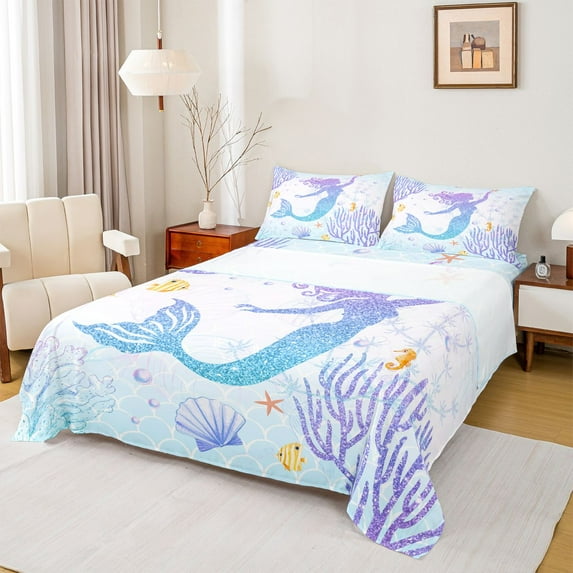 Castle Fairy Children Teens Marine Mermaid Princess Twin Sheet Sets 3pcs,Bling Gradient Glitter Twin Fitted Sheet Microfiber,Sea Underwater World Breathable Flat Sheet,Ultra Soft Home Decor