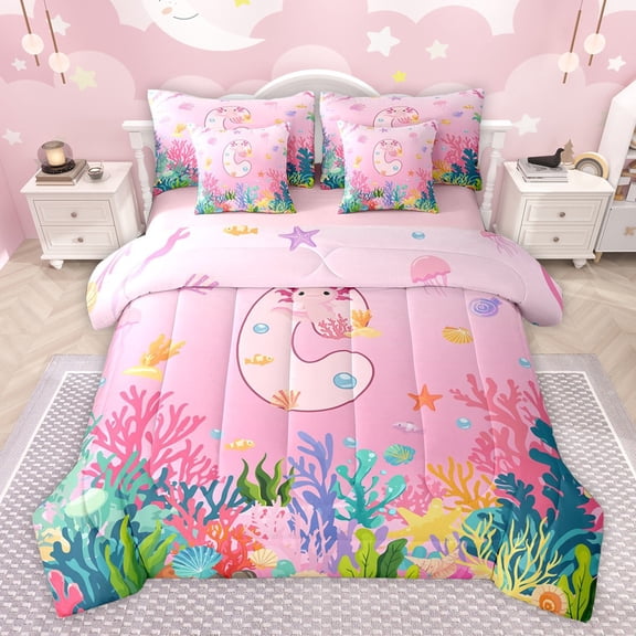 Castle Fairy Children Teens Personalized Initial C 7 Piece Bedding Comforter Set, Cute Sea Animal Axolotl King Bedding, Ocean Marine Salamander Bed Sheets