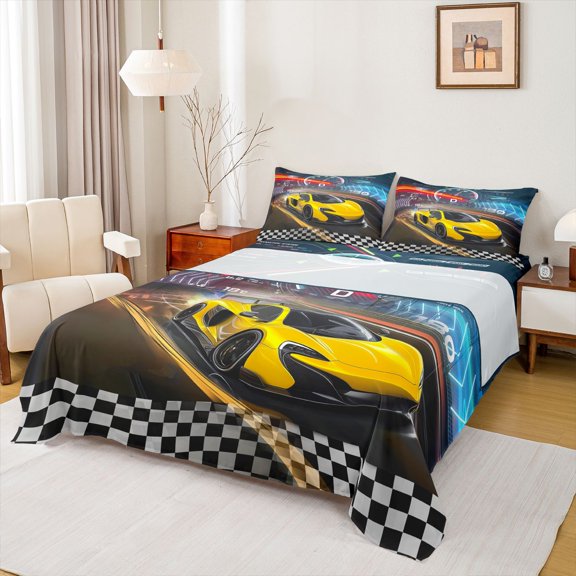 Castle Fairy Children Teens Racing Car 4 Pieces Queen Sheet Sets,Geometric Plaid Grid Ultra Soft Flat Sheet,Extreme Sport Queen Fitted Sheet,Lightweight Room Decor