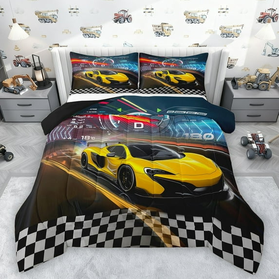 Castle Fairy Children Teens Racing Car Bedding Comforter Set 2pcs,Geometric Plaid Grid Twin Comforter Sets Microfiber,Extreme Sport Breathable Bedding Set,Lightweight Room Decor,Reversible