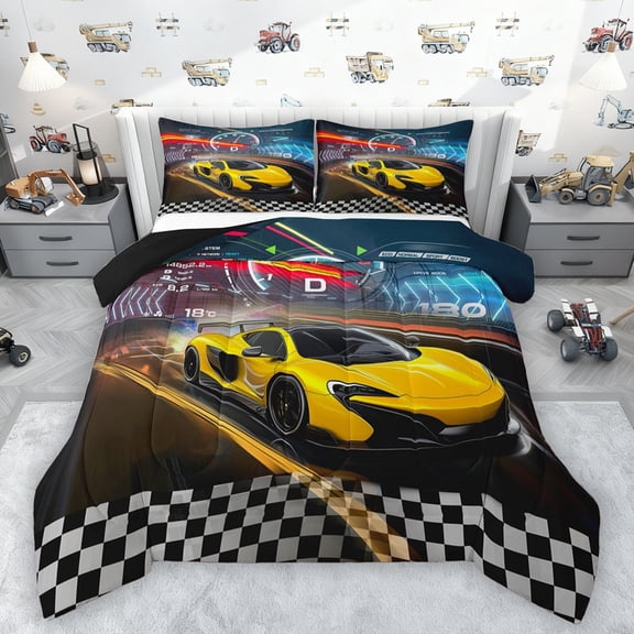 Castle Fairy Children Teens Racing Car Bedding Comforter Set 2pcs,Geometric Plaid Grid Twin Comforter Sets Microfiber,Extreme Sport Breathable Bedding Set,Lightweight Room Decor,Reversible