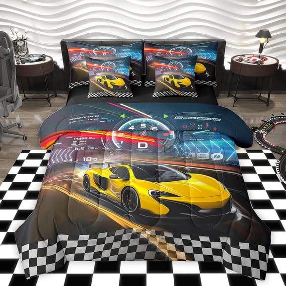 Castle Fairy 7-Piece King Bedding Set - Racing Car, Geometric Plaid, Reversible