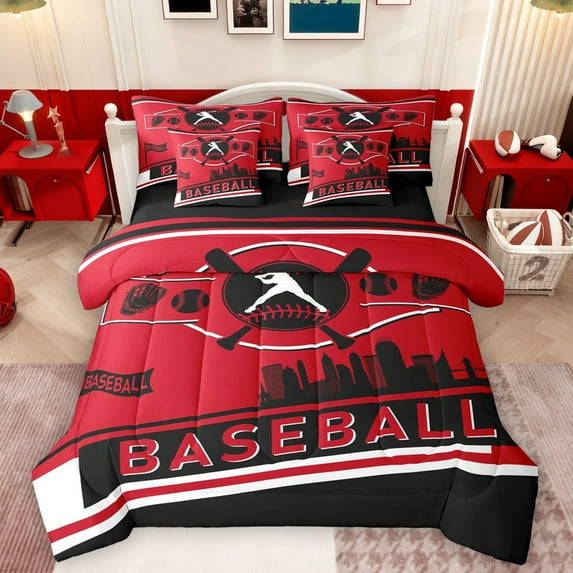 Castle Fairy Children Teens Sport Baseball Bedding Comforter Set 7 Pieces,Ball Gamer Full Bedding Set Lightweight,Black Red Fitted Sheet Flat Sheet,Microfiber Bedroom Decor,Reversible