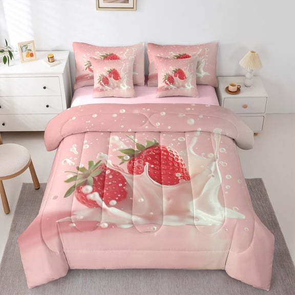 Castle Fairy Children Teens Strawberry 7-Piece Bedding Comforter Set,Dreamy Princess King Bedding Sets,Cartoon Fruit Ultra Soft Bed Sheets,Luxury Bedroom Decor