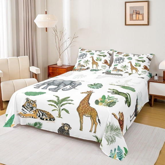 Castle Fairy Children Tiger Giraffe Zebra 4 Pieces Queen Sheet Sets,Jungle Wildlife Ultra Soft Flat Sheet,Botanical Plants Queen Fitted Sheet,Breathable Home Decor