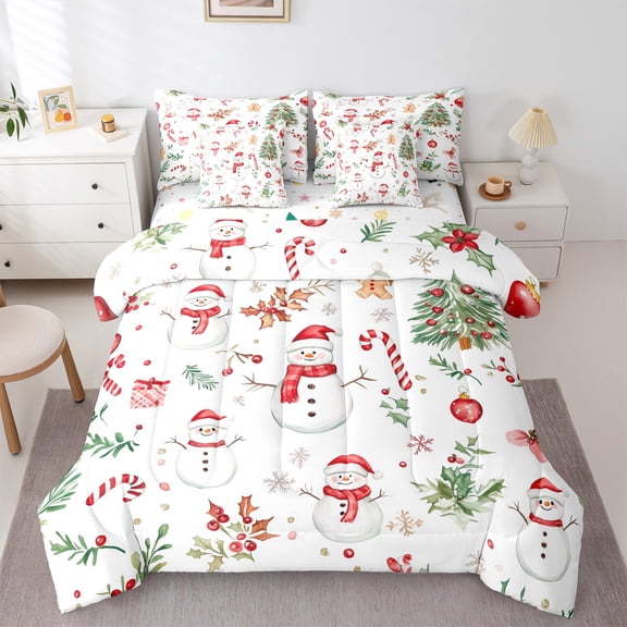 Castle Fairy Children Xmas Snowman 7 Pieces Bedding Comforter Set,Candy Cane Full Bedding Set Lightweight,Christmas Tree Fitted Sheet Flat Sheet,Super Cozy Room Decor