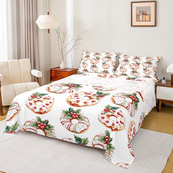 Castle Fairy Christmas Food Donut Dessert Full Size Sheets 4-Piece for Female Men,Xmas Festival Breathable Bed Sheets,Happy New Year Lightweight Sheet Sets,Microfiber Bedroom Decor