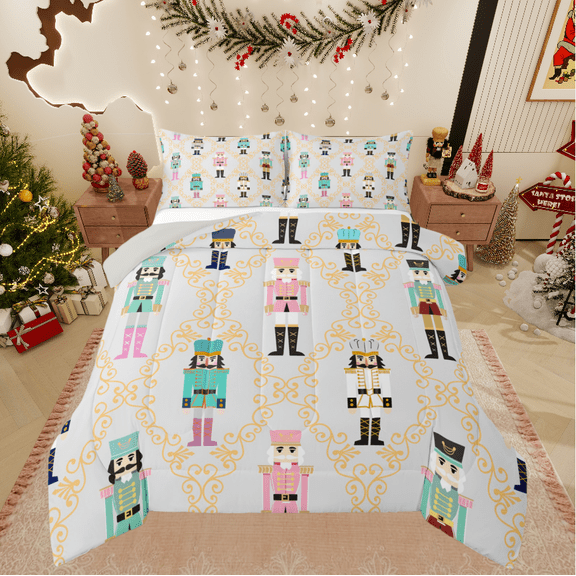 Castle Fairy Christmas Nutcracker 3-Piece Queen Comforter Set for Teens, Geometric Plaid Ultra Soft Festival Theme Microfiber Bedding, Bedroom Decoration