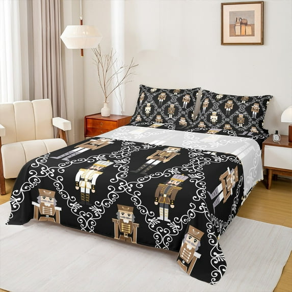 Castle Fairy Christmas Nutcracker 3pcs Twin Sheet Sets for Teens,Geometric Plaid Twin Fitted Sheet,Festival Theme Breathable Flat Sheet,Microfiber Bedroom Decor