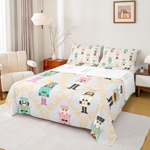 Castle Fairy Christmas Nutcracker 4 Pieces Queen Sheet Sets for Teens,Geometric Plaid Ultra Soft Flat Sheet,Festival Theme Queen Fitted Sheet,Microfiber Bedroom Decor