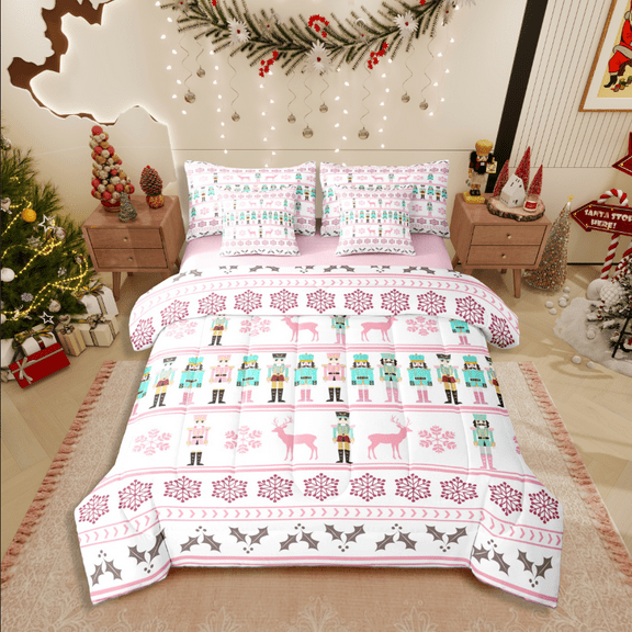 Castle Fairy Christmas Nutcracker Girl 7-Piece Twin Bedding Sets,Animal Deer Bedding Comforter Set,Happy New Year Breathable Sheet Sets,Luxury Bedroom Decor