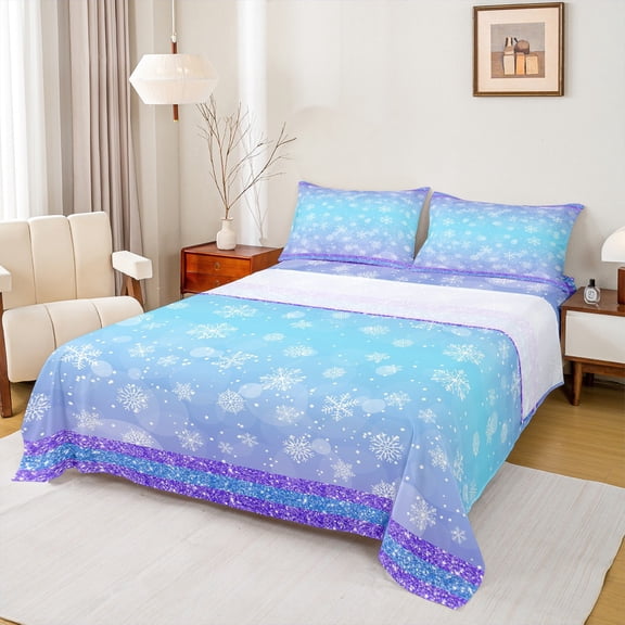Castle Fairy Christmas Snowflakes 3pcs Twin Sheet Sets,Bling Glitter Twin Fitted Sheet,Gradient Ombre Breathable Flat Sheet,Luxury Teenagers Bedroom Decor