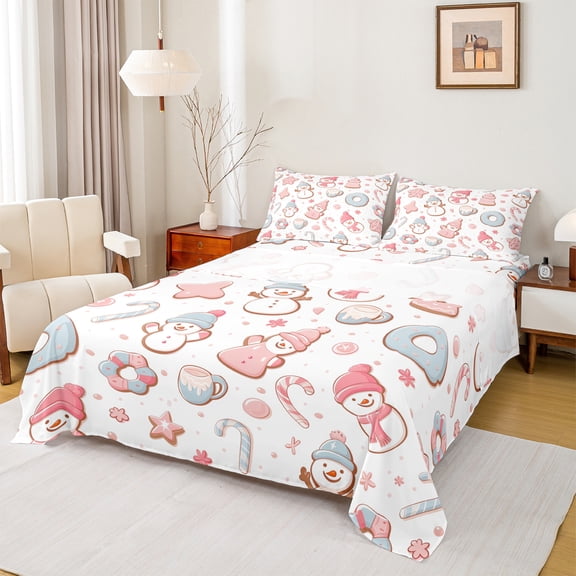Castle Fairy Christmas Snowman 3Pcs Twin Sheet Sets for Teens Girls Boys,Happy Xmas Twin Fitted Sheet,Candy Cane Breathable Flat Sheet,Luxury Bedroom Decor