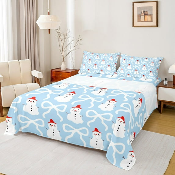 Castle Fairy Christmas Snowman 4-Piece Full Size Sheets,Merry Christmas Bed Sheets,Cartoon Bowknot Lightweight Sheet Sets,Luxury Kids Bedroom Decor