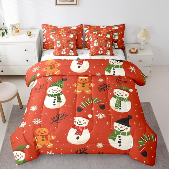 Castle Fairy Christmas Snowman 7-Piece Twin Bedding Sets for Teenagers,Winter Snowflakes Bedding Comforter Set,Festival Xmas Breathable Sheet Sets,Luxury Bedroom Decor