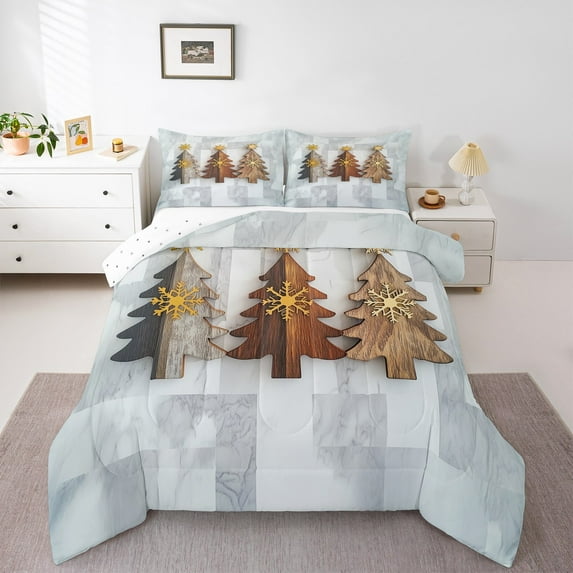 Castle Fairy Christmas Tree 3-Piece Full Size Comforter Sets for Teens,Lodge Cabin Bedding Comforter Set,Gradient Marble Lightweight Bedding Sets,Breathable Home Decor