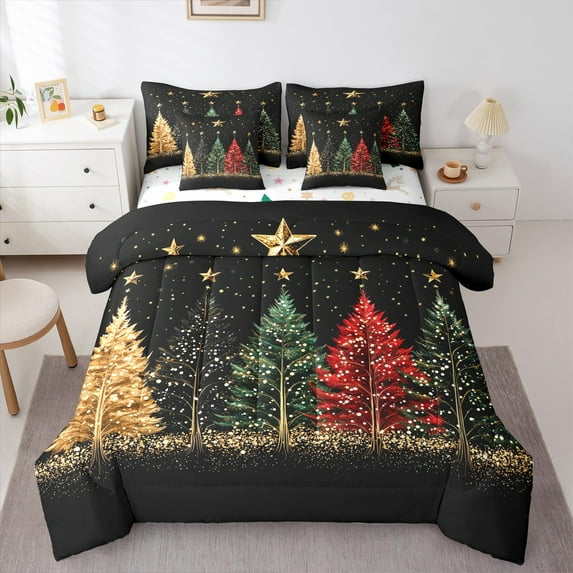 Castle Fairy Christmas Tree 7-Piece Bedding Comforter Set for Teens,Sparkling Sequin King Bedding Sets,Happy New Year Ultra Soft Bed Sheets,Lightweight Room Decor